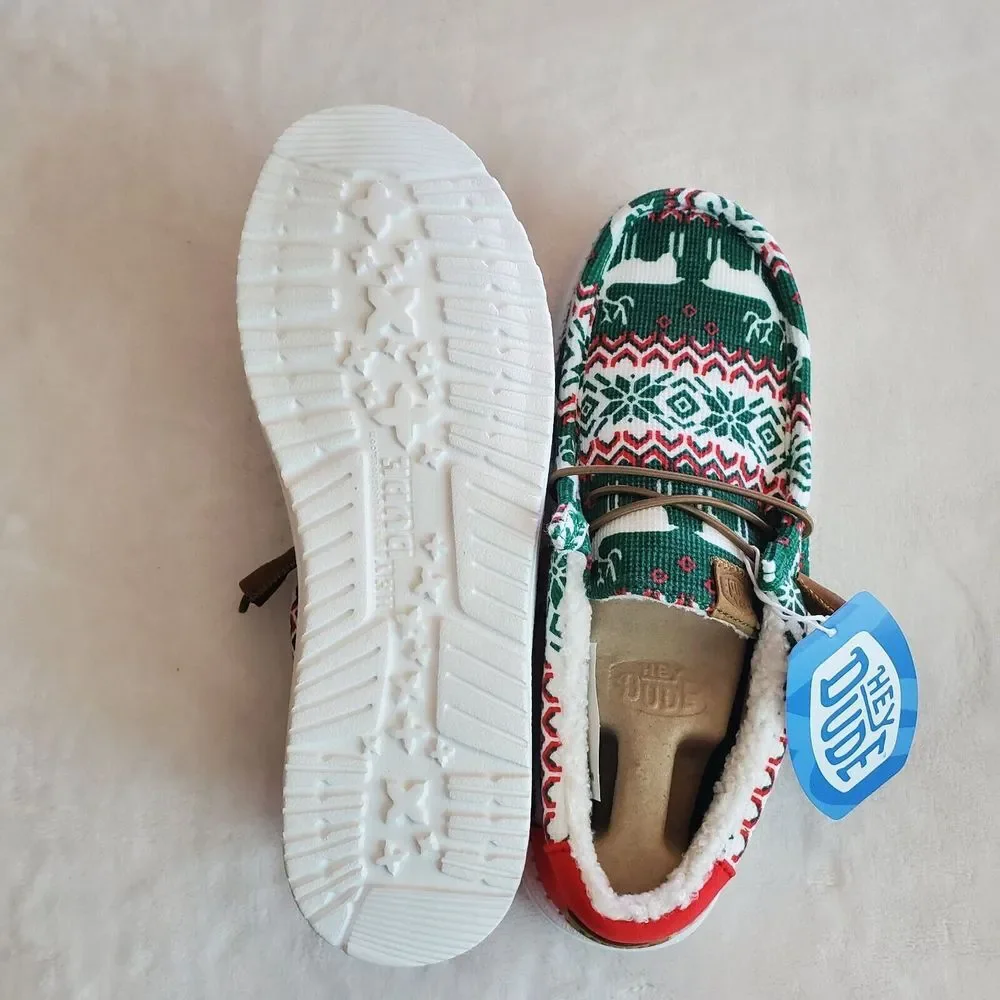 Hey Dude Wally Ugly Sweater‎ Lined Shoes Men's Size 10 Green Christmas Reindeer